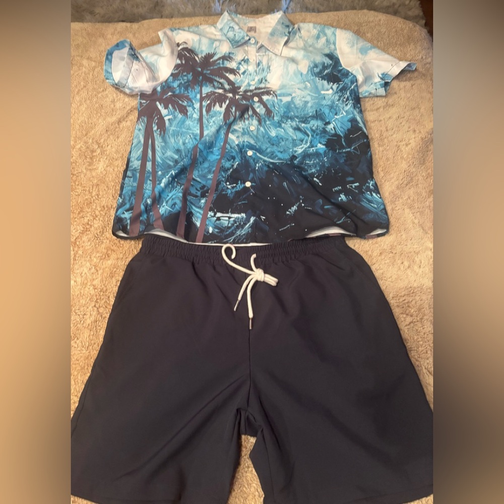 Blue Tropical Shirt and Black Shorts Set